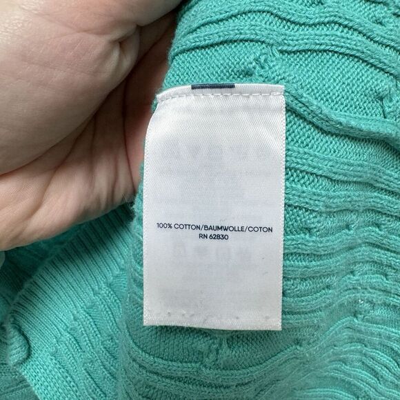 Lands' End Fisherman Cable Knit Sweater Womens Large Tall Green Cotton Mock Neck - Picture 4 of 8